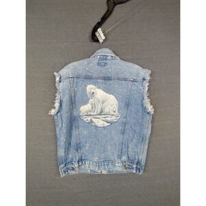 Cody Mens Jacket Medium Acid Wash Trucker Denim Vest Polar Bear Upcylced Western